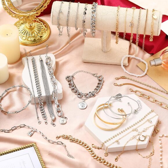 33 Pcs Metal Bracelets Set for Women Mixed Gold Silver Stylish Stackable Jewelry - Picture 3 of 6